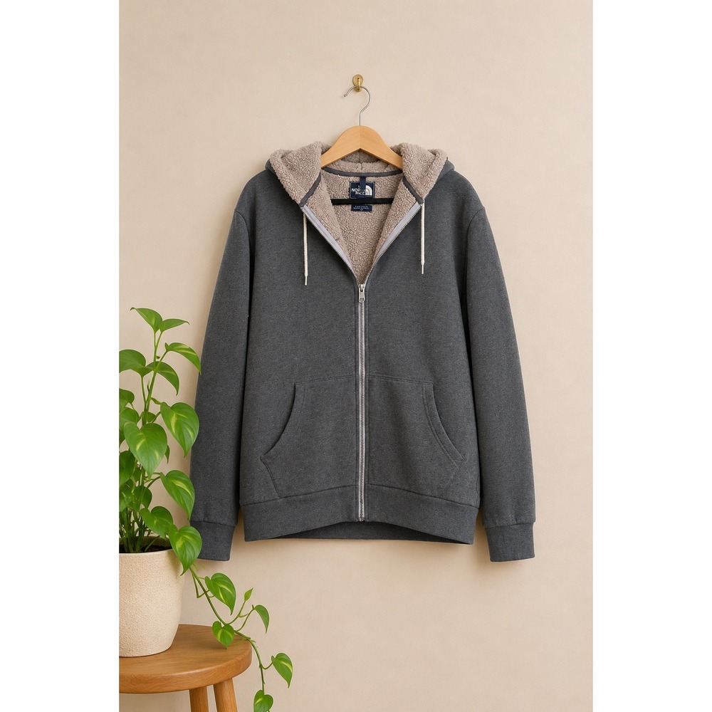 The North Face Gray Sherpa Lined Full Zip Hoodie Fleece Winter Jacket Men M Cozy